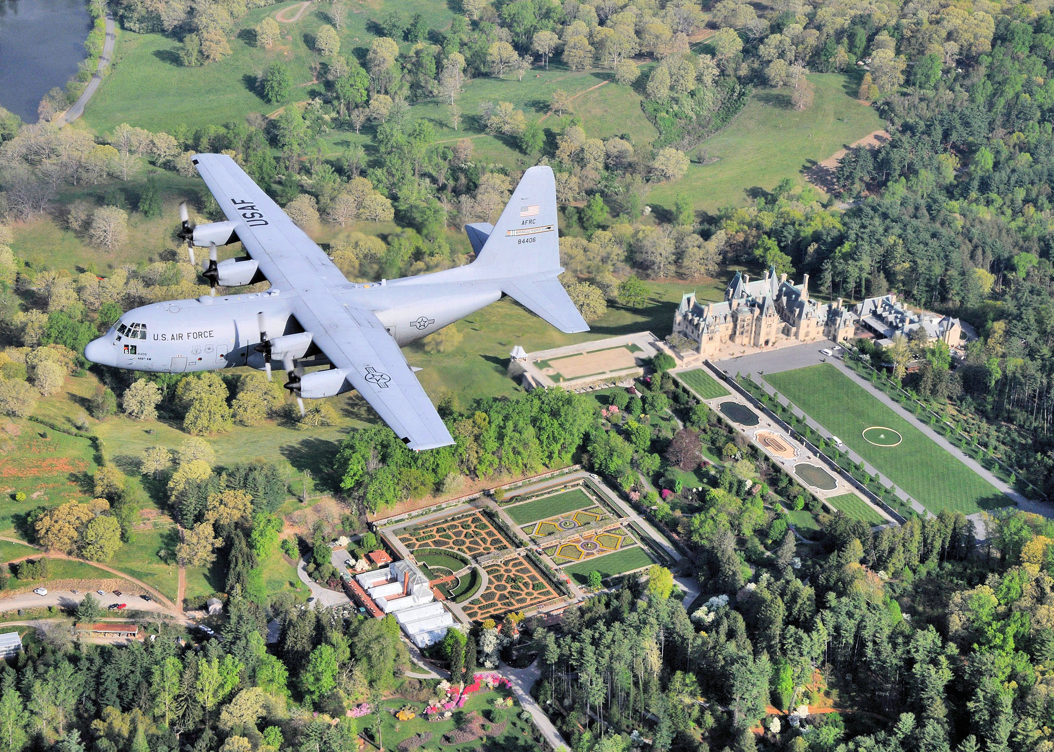 95th Airlift Squadron C-130 over Biltmore House NC