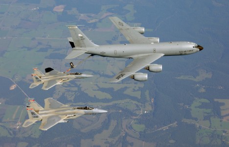 Two U.S. Air Force McDonnell Douglas F-15C Eagle fighters from the 110th Fighter Squadron, 131st Fighter Wing, Missouri Air National Guard (pilots: Lt. Col. Steve 
