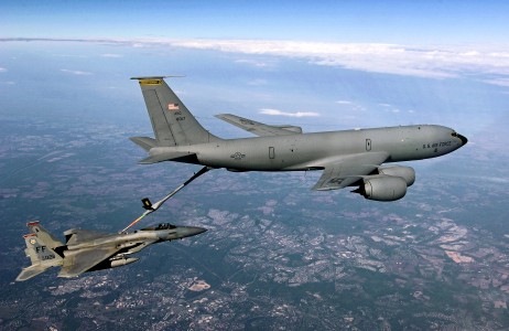 During a combat air patrol mission, an F-15 Eagle piloted by Capt. Matt Buckner receives fuel from a KC-135 Stratotanker assigned to the Pennsylvania Air National Guard's 171st Air Refueling Wing Oct. 7 over Washington D.C. The mission was in support of Operation Noble Eagle. Capt. Buckner is assigned to the 71st Fighter Squadron at Langley Air Force Base, Va. (U.S. Air Force photo/Staff Sgt. Samuel Rogers)