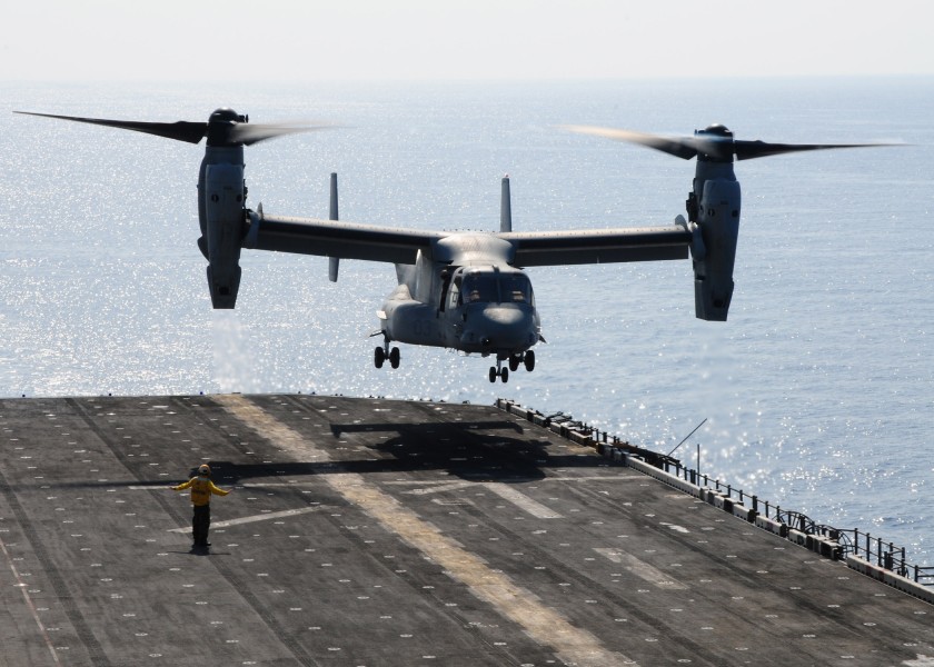 US Navy 091002-N-3165S-321 An MV-22B Osprey assigned to Marine Medium Tiltrotor Squadron (VMM) 263 (Reinforced) lands aboard USS Bataan (LHD 5)