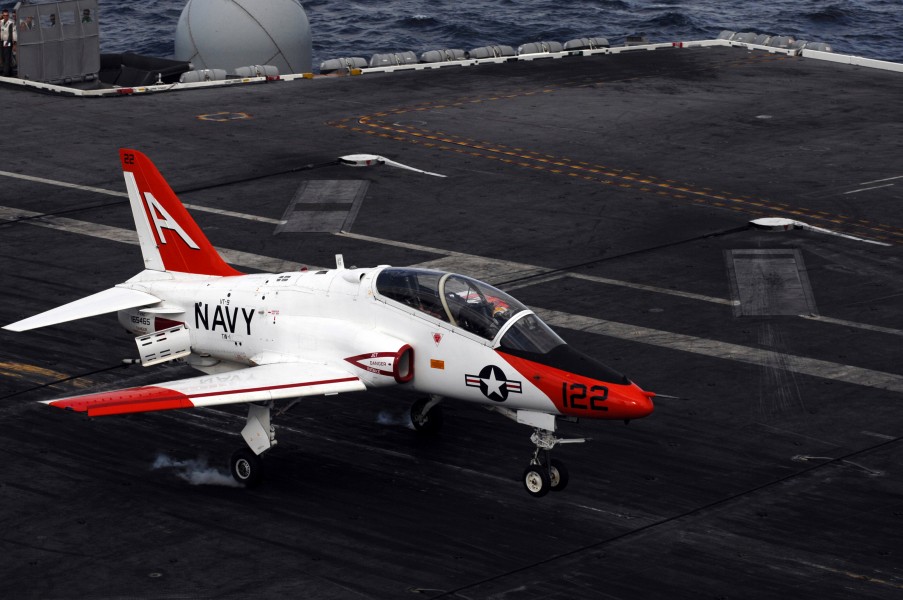 US Navy 091108-N-8913A-125 A T-45 Goshawk training aircraft assigned to the Tigers of Training Squadron (VT) 9 comes in for an arrested landing aboard the aircraft carrier USS Harry S. Truman (CVN 75)