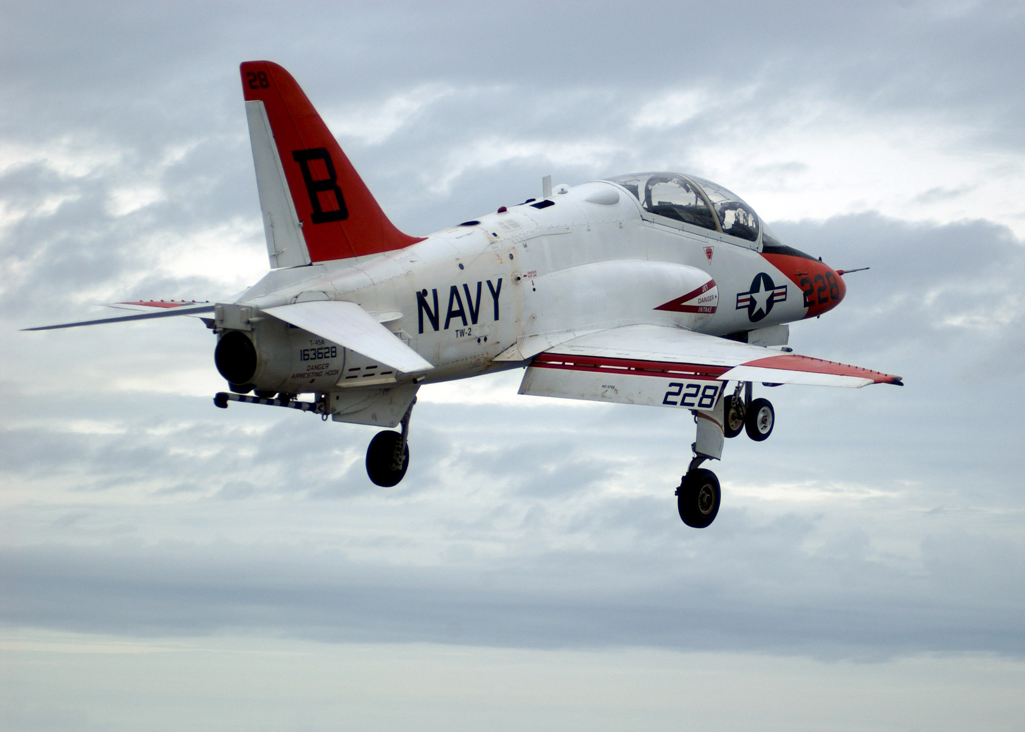 US Navy 061214-N-7241L-004 A T-45 Goshawk trainer gains altitude after performing a touch-and-go during carrier qualifications aboard USS Theodore Roosevelt (CVN 71)