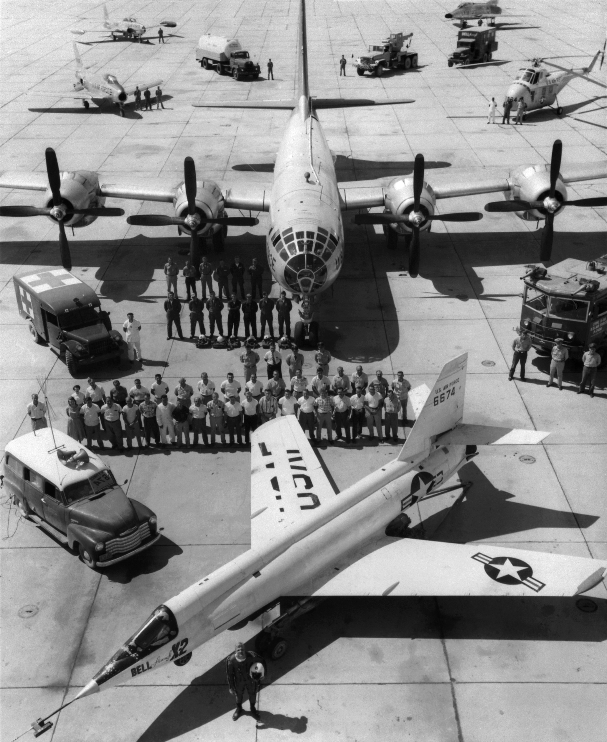 X-2 on ramp with B-50 mothership and support crew