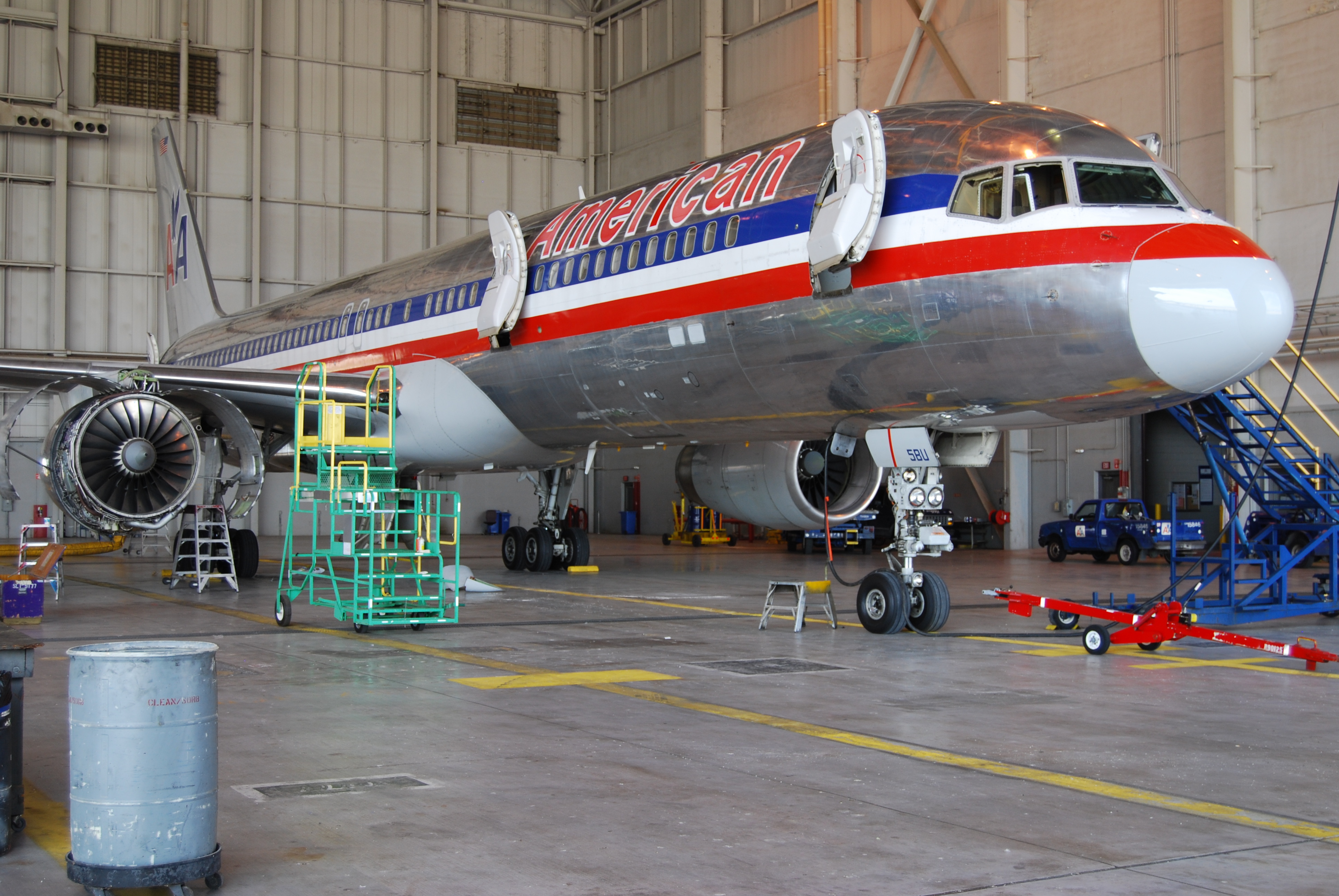 American Airlines B757-200 forward fuselage, service and emergency doors open
