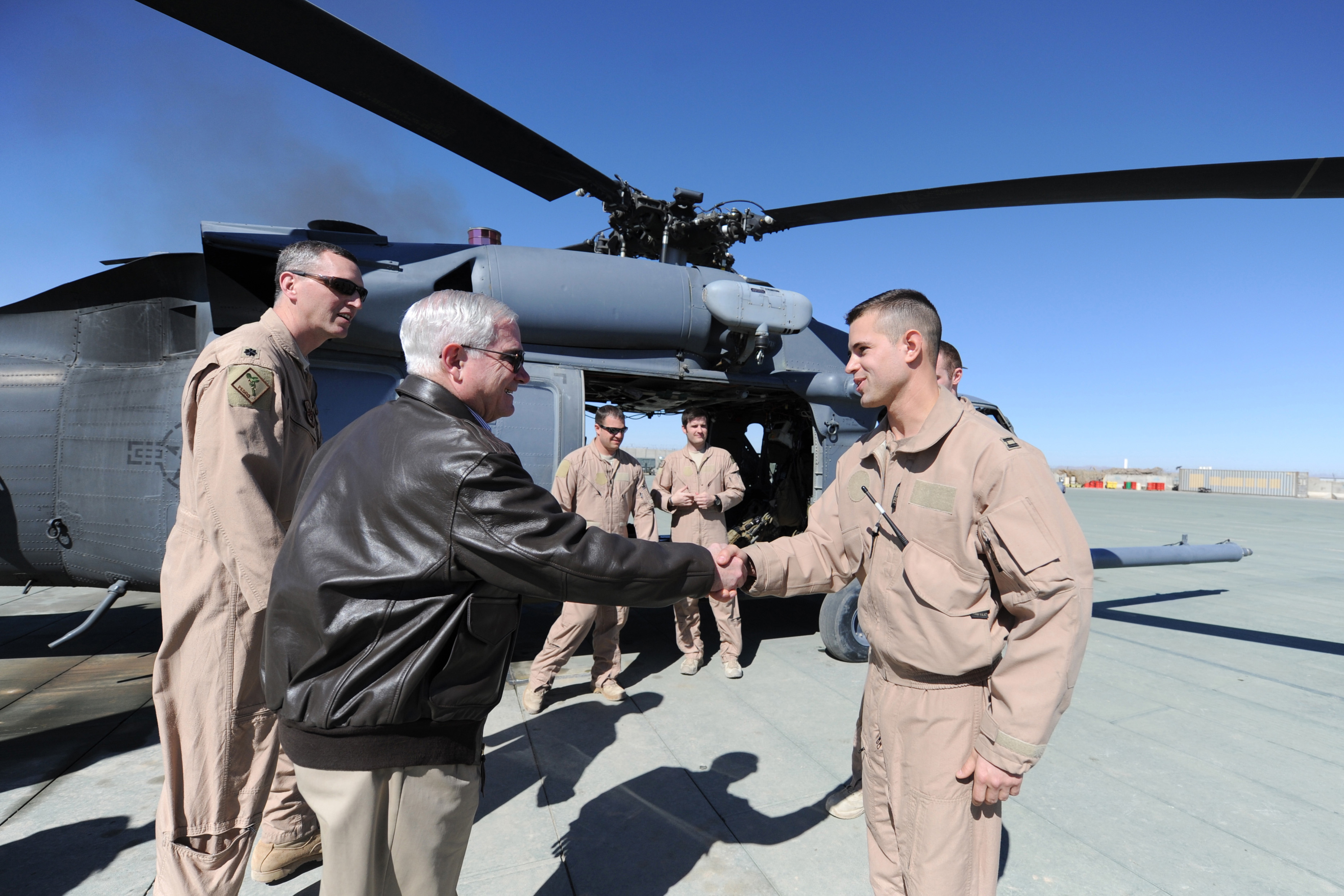 Defense.gov News Photo 110308-D-XH843-022 - Secretary of Defense Robert M. Gates shakes hands with members of the Pedro Medevac unit at Camp Leatherneck in Afghanistan on March 8, 2011. 