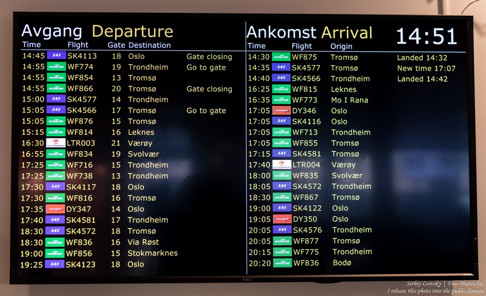 Bodø airport flight timetable, Norway, February 2020, photographed by Serhiy Lvivsky