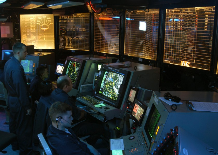 US Navy 040826-N-2451H-002 In the Carrier Air Traffic Control Center aboard the aircraft carrier USS John F. Kennedy (CV 67), Sailors man their stations for case three flight operations