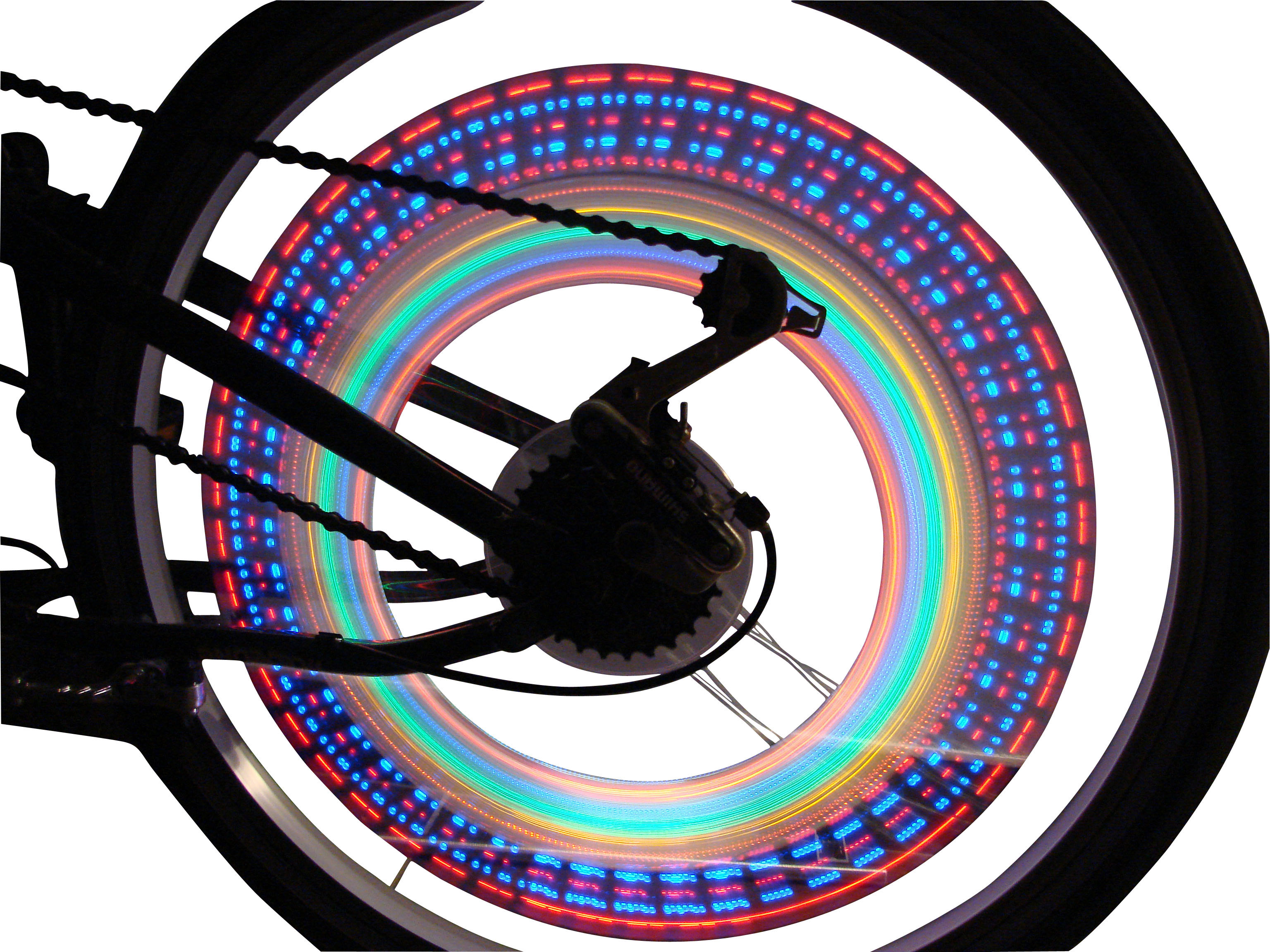 Luminous shapes on rear wheel of bicycle