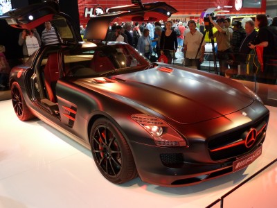 2010 Mercedes-Benz SLS AMG (C197) Blackbird coupe, photographed at the 2010 Australian International Motor Show, Darling Harbour, New South Wales, Australia.