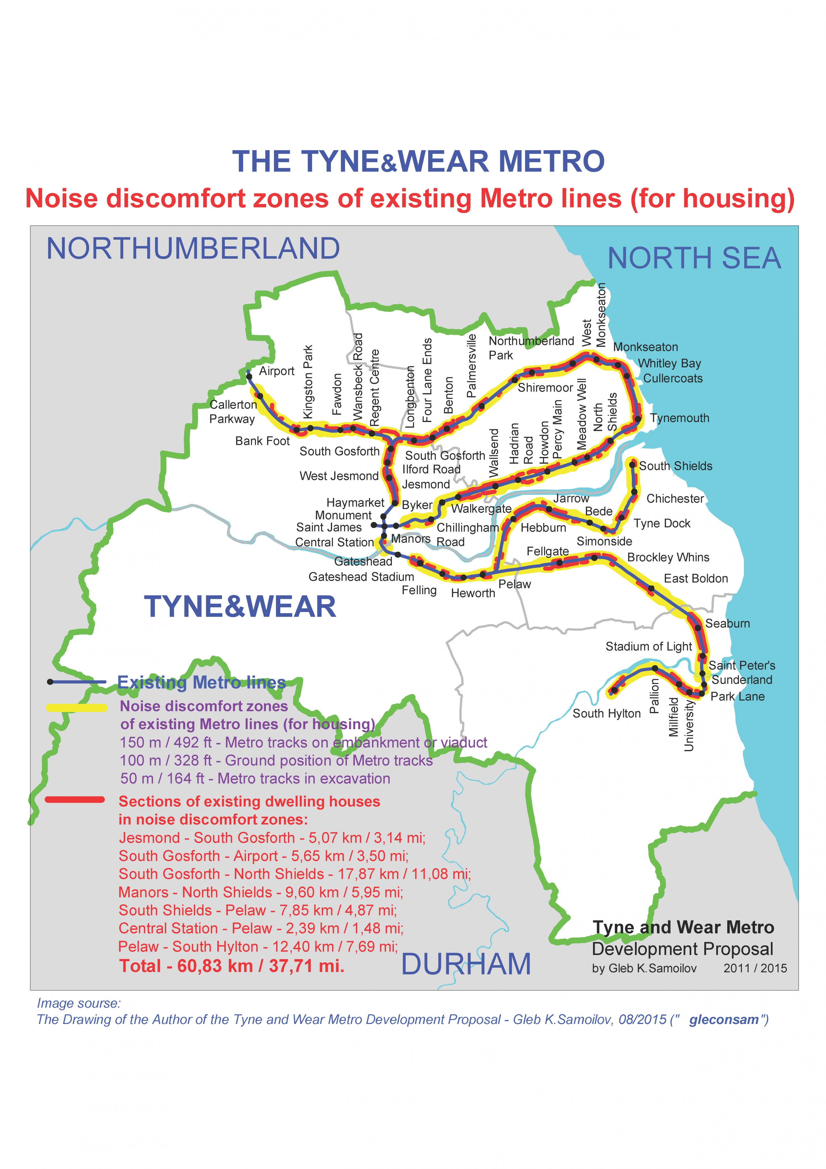 Noise discomfort zones of existing Tyne and Wear Metro lines for housing