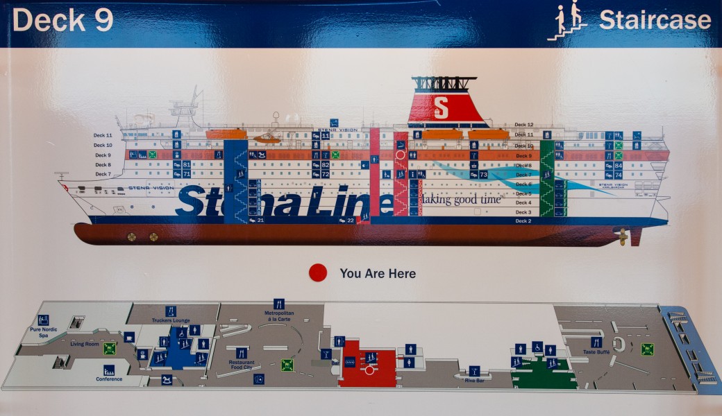 deck 9 scheme of a Stena Line ferry, Baltic sea, June 2014