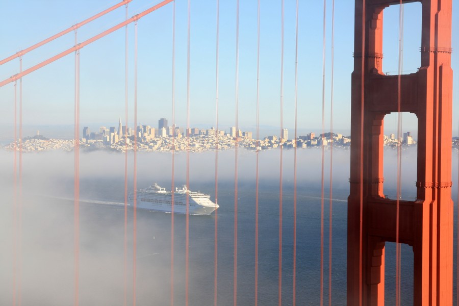 Golden Gate Bridge and San Francisco and cruise ship