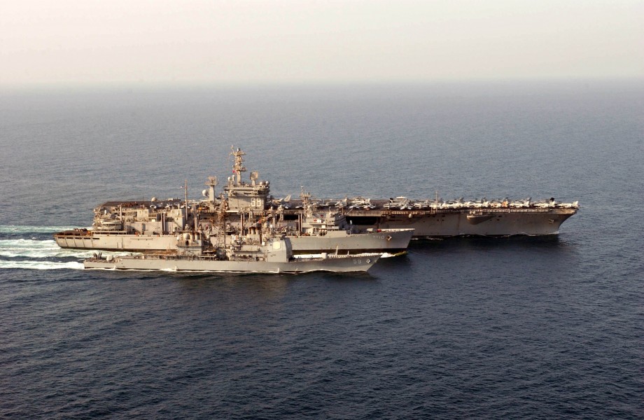 US Navy 030828-N-1974E-004 USS Nimitz (CVN 68), USS Princeton (CG 59), and USS Bridge (AOE 10) participate in an underway replenishment (UNREP)