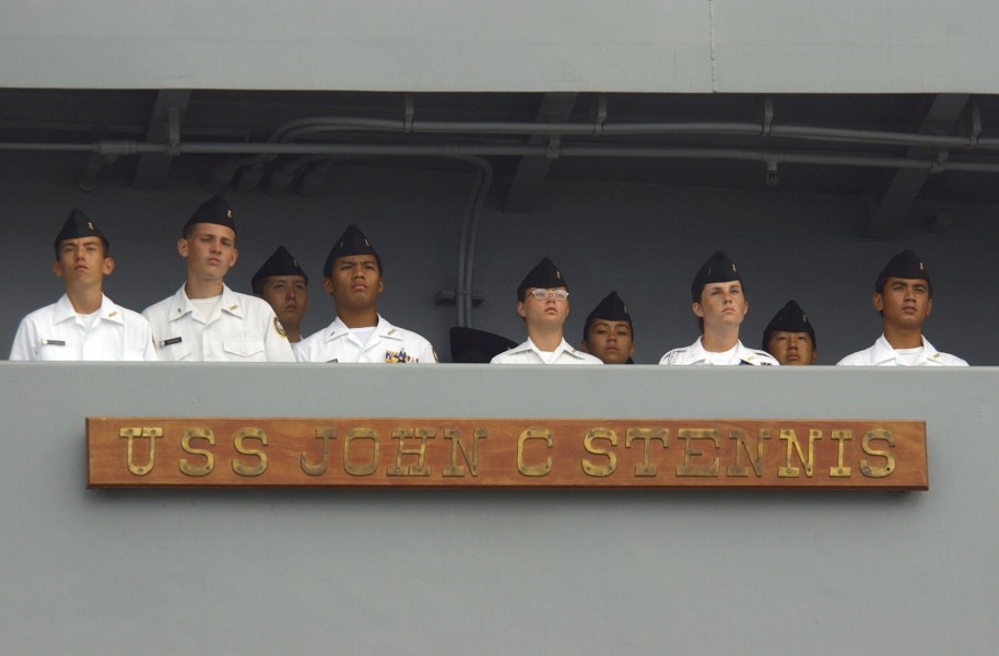 US Navy 031004-N-4768W-181 Navy Junior Reserve Officers^rsquo, Training Corps (ROTC) students man the rails aboard USS John C. Stennis (CVN 74) 