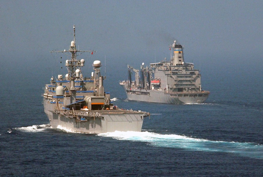 US Navy 040420-N-9849W-144 The command ship USS Coronado (AGF 11) begins its approach alongside the Military Sealift Command Ship (MSC) underway replenishment oiler USNS Tippecanoe (T-AO 199)