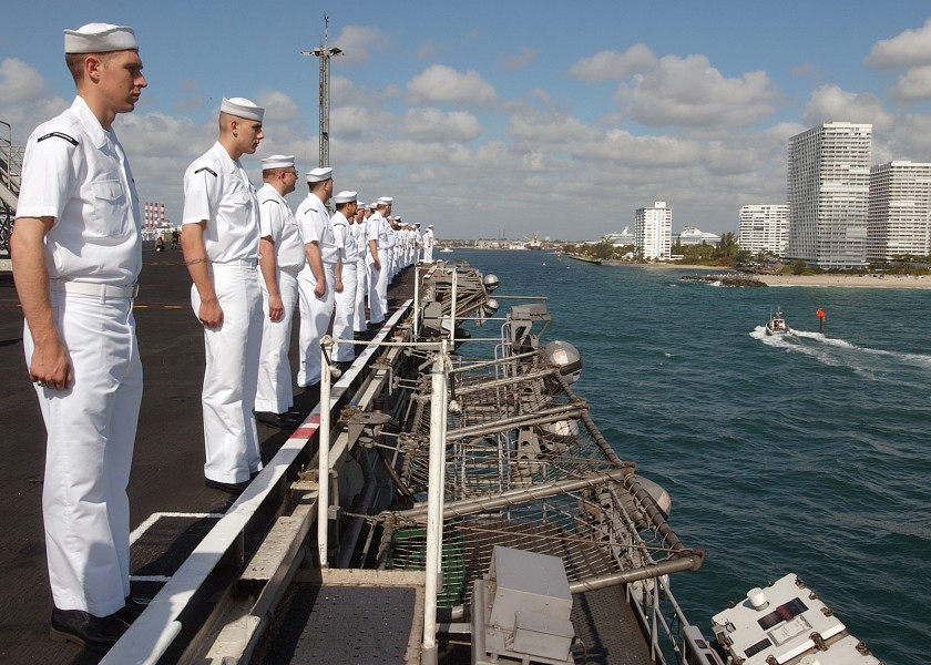 US Navy 040426-N-5405H-001 Sailors aboard the nuclear powered aircraft carrier USS Enterprise (CVN-65) man the rails