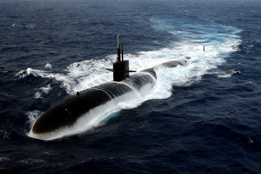 US Navy 040712-N-0119G-002 The Los Angeles-class submarine USS Albuquerque (SSN 706) surfaces in the Atlantic Ocean while participating in Majestic Eagle 2004