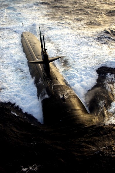 US Navy 040712-N-0119G-010 The Los Angeles-class submarine USS Albuquerque (SSN 706) surfaces in the Atlantic Ocean while participating in Majestic Eagle 2004