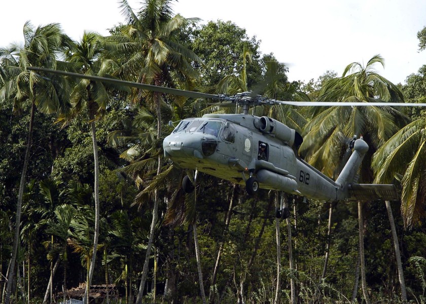 US Navy 050117-N-0057P-221 An SH-60F Seahawk prepares to land in the village of Kuende Panga to pick up a United Nations (UN) World Health Organization (WHO) team