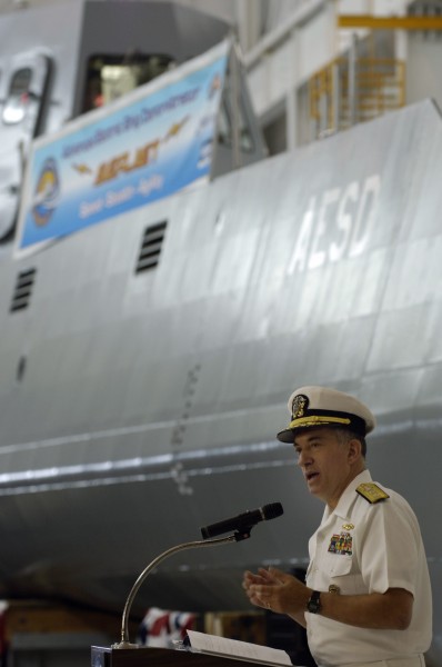 US Navy 050824-N-7676W-033 Chief of Naval Research, Rear Adm. Jay Cohen, delivers the principal address at the christening of the Advanced Electric Ship Demonstrator (AESD), Sea Jet