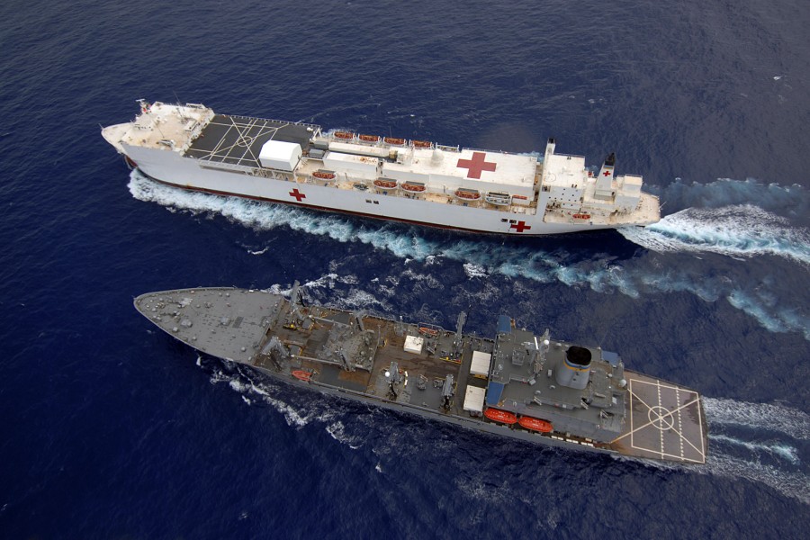 US Navy 060516-N-6501M-031 USNS Mercy performs an underway replenishment operation with USNS Pecos