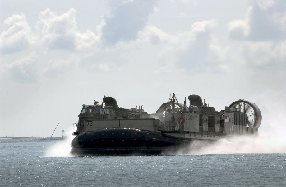 US Navy 060602-N-9851B-010 Landing Craft Air Cushion Seven Three (LCAC 73) makes it's way to Sudong Island to conduct a landing