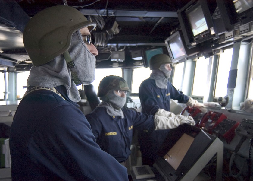 US Navy 070413-N-5253W-002 Ensign Michael Miller (left) stands the Officer of the Deck watch on the bridge of the Arleigh Burke-class guided-missile destroyer USS Lassen (DDG 82)