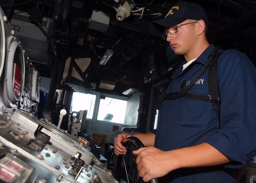 US Navy 070807-N-5928K-003 Seaman Jeremy Cantrel stands the helm watch on the navigation bridge of the guided-missile cruiser USS Gettysburg (CG 64)