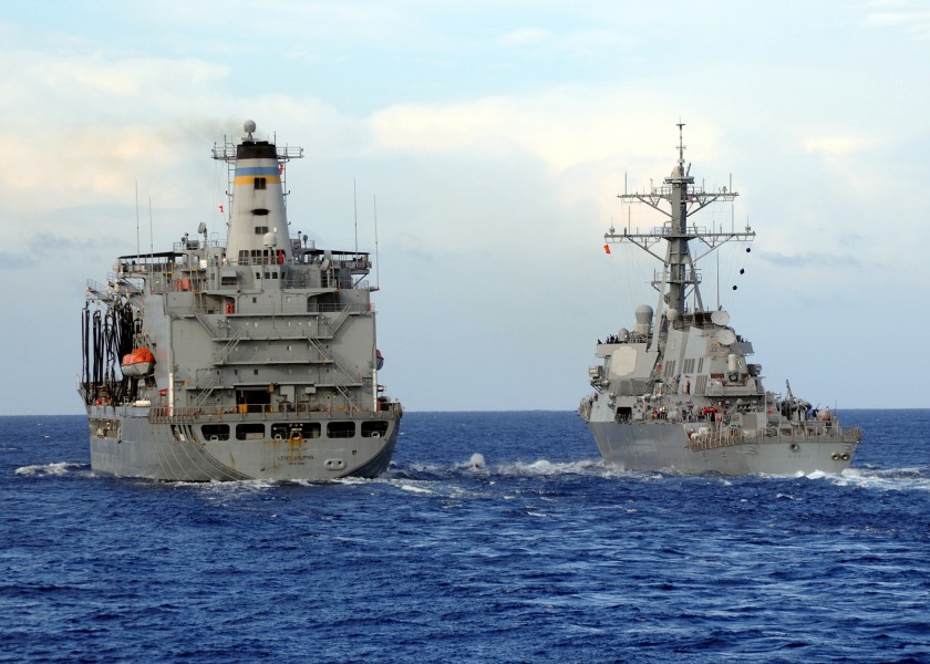US Navy 080709-N-1082Z-001 The Military Sealift Command fleet replenishment oilier USNS Leroy Grumman (T-AO 195) pulls alongside the guided-missile destroyer USS Mahan (DDG 72)