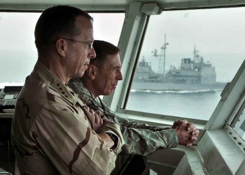 US Navy 080827-N-7981E-028 Chairman, Joint Chiefs of Staff Adm. Mike Mullen and Gen. David Petraeus observe flight operations