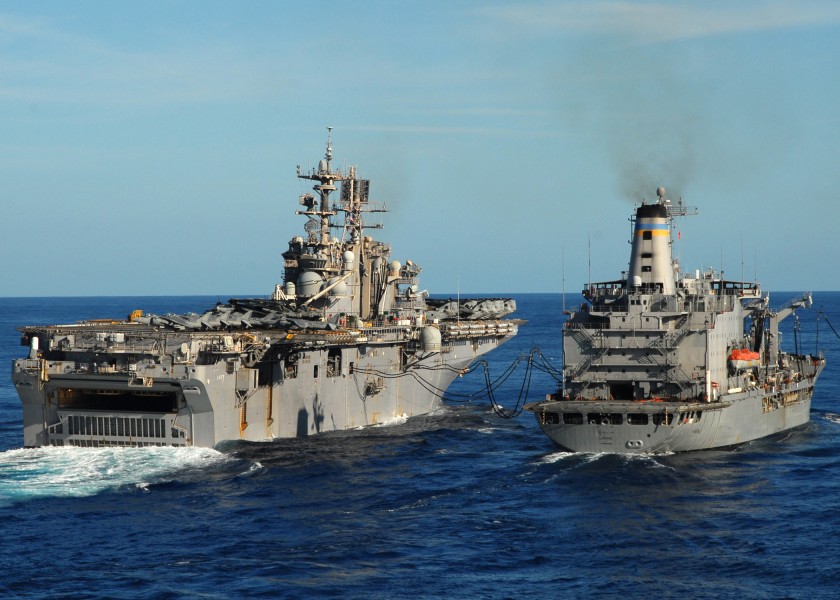US Navy 080907-N-9134V-170 The multi-purpose amphibious assault ship USS Iwo Jima (LHD 7) conducts a replenishment at sea with the fleet replenishment oiler USNS Laramie (T-AO 203)