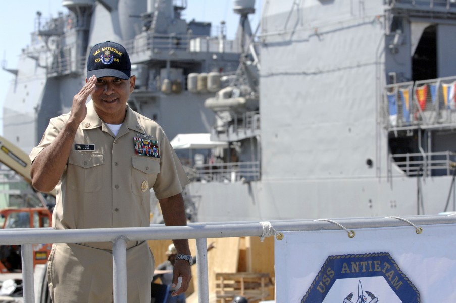 US Navy 080915-N-9818V-395 Master Chief Petty Officer of the Navy (MCPON) Joe R. Campa Jr. departs the guided-missile cruiser USS Antietam (CG 54)
