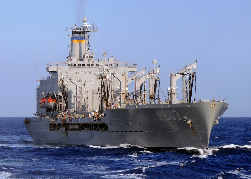 US Navy 080917-N-1082Z-035 The Military Sealift Command fleet replenishment oiler USNS Laramie (T-AO 203) steams behind the guided-missile cruiser USS Vella Gulf