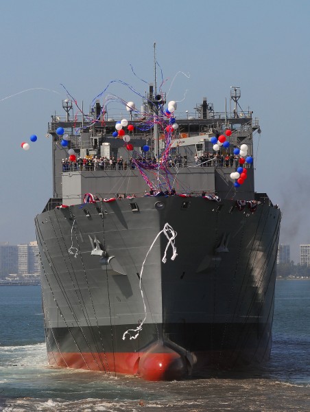 US Navy 080918-N-7643B-093 USNS Carl Brashear (T-AKE 7) launches into San Diego harbor during her christening and launch ceremony at General Dynamics NASSCO in San Diego