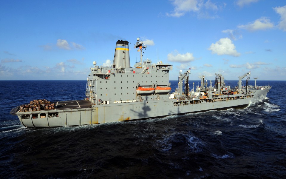 US Navy 081217-N-1082Z-011 USNS Tippecanoe (T-AO 199) pulls alongside the guided-missile cruiser USS Vella Gulf (CG 72) to conduct a replenishment at sea