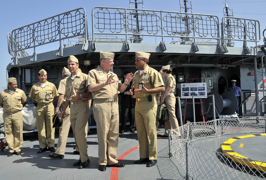 US Navy 091205-N-8273J-097 Chief of Naval Operations (CNO) Adm. Gary Roughead speaks with Capt. Antonio Martinez, commanding officer of the Colombian Navy frigate ARC Antioquia (FL 53)