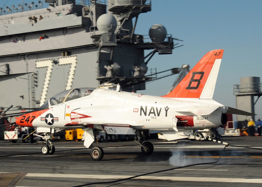 US Navy 100308-N-7908T-375 A T-45B Goshawk training aircraft assigned to Training Wing (TRAWING) 2 lands aboard the aircraft carrier USS George H.W. Bush (CVN 77)