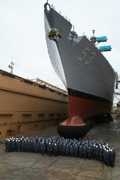 US Navy 100907-N-0121W-001 Sailors stand in front of USS John Paul Jones (DDG 53) during its last day in dry dock