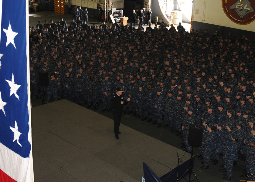 US Navy 110510-N-JN612-070 Chief of Naval Operations (CNO) Adm. Gary Roughhead answers questions during an all-hands call aboard USS Abraham Lincol