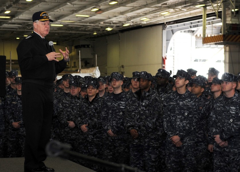 US Navy 110510-N-QN972-033 Chief of Naval Operations (CNO) Adm. Gary Roughead speaks with Sailors aboard USS Abraham Lincoln (CVN 72)
