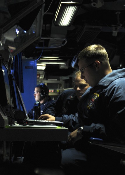 US Navy 110513-N-YM590-008 Fire Controlman 2nd Class Timothy R. Reinhardt, assigned to the weapons department of the guided-missile cruiser USS Anz