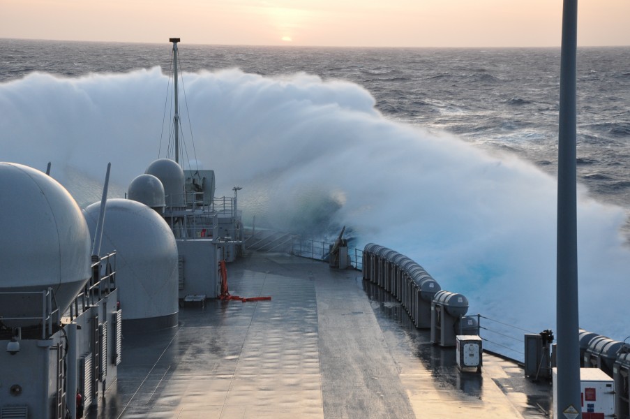 US Navy 110530-N-YY000-001 Waves crash over the bow of the U.S. 7th Fleet command ship USS Blue Ridge (LCC 19) while the ship is underway in the Ph