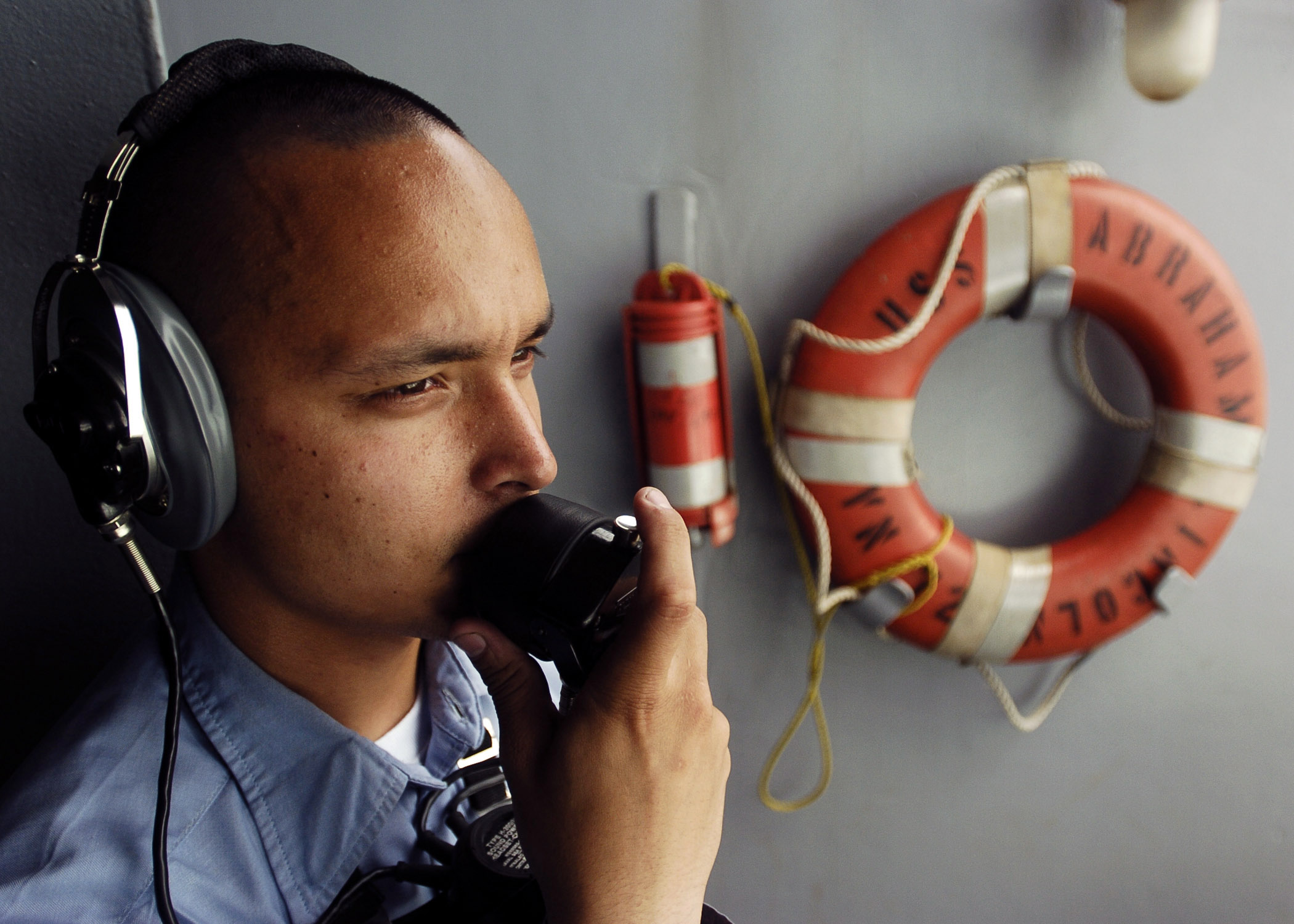 US Navy 060424-N-0499M-005 Seaman Tony A. Brundage stands the starboard aft lookout during a sea and anchor detail