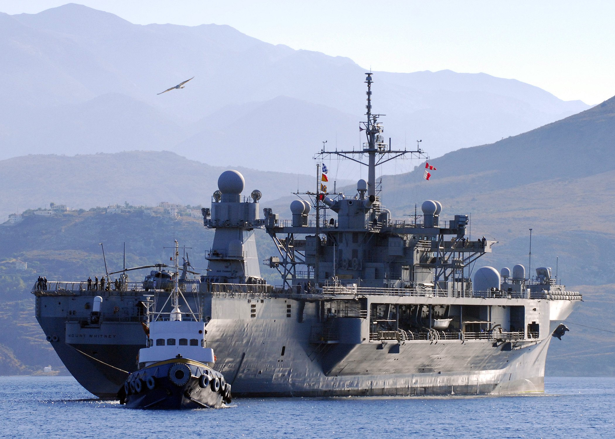 US Navy 070918-N-0780F-001 The 6th Fleet flagship USS Mount Whitney (LCC 20) arrives in Souda harbor for a brief port visit on Greece's largest island