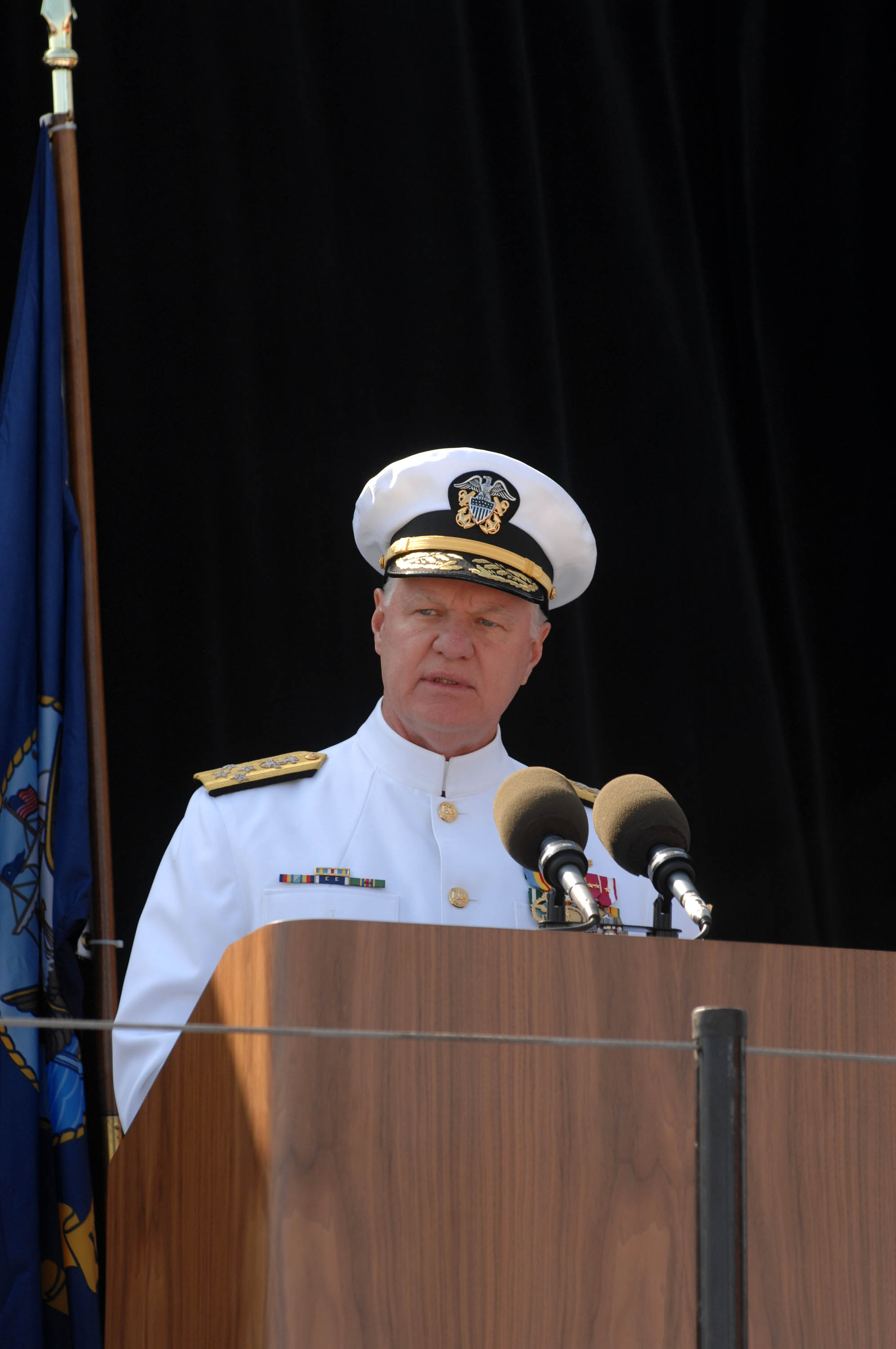 US Navy 080918-N-8273J-078 Chief of Naval Operations (CNO) Adm. Gary Roughead delivers his remarks during the christening and launch ceremony of USNS Carl Brashear (T-AKE 7) at General Dynamics NASSCO shipyard