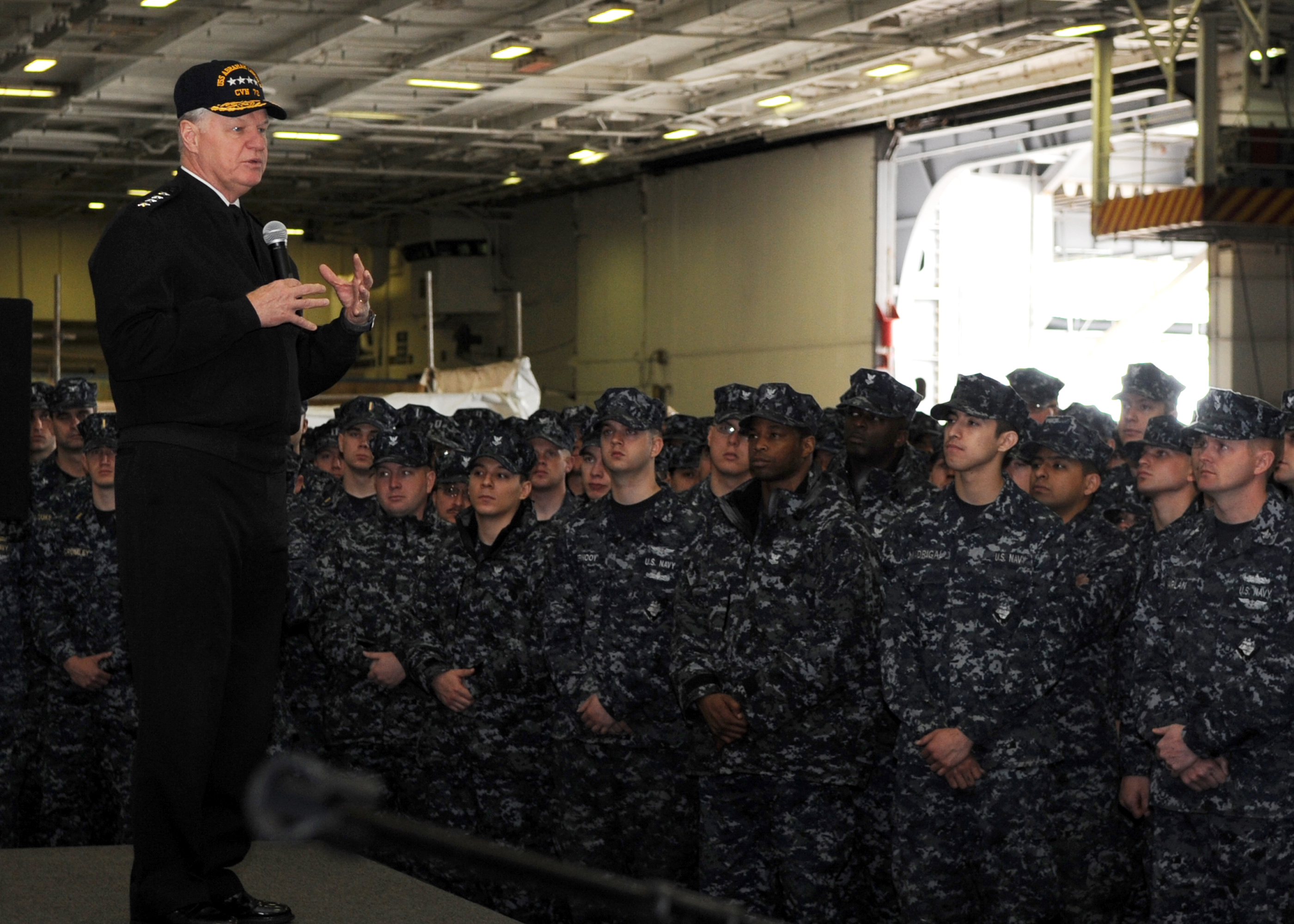 US Navy 110510-N-QN972-033 Chief of Naval Operations (CNO) Adm. Gary Roughead speaks with Sailors aboard USS Abraham Lincoln (CVN 72)
