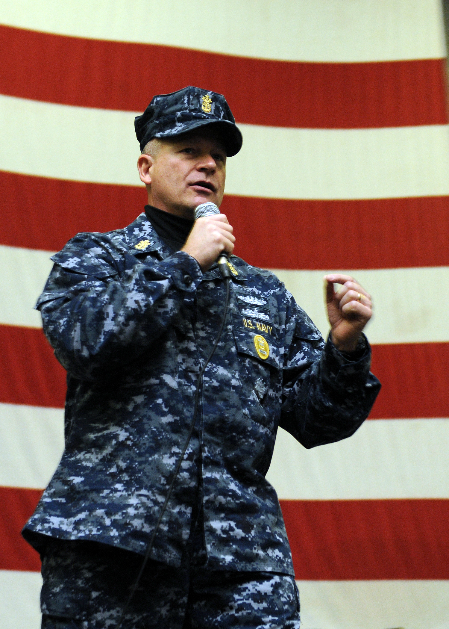 US Navy 111103-N-KQ416-087 MCPON Rick D. West speaks during an all-hands call aboard the aircraft carrier USS Abraham Lincoln