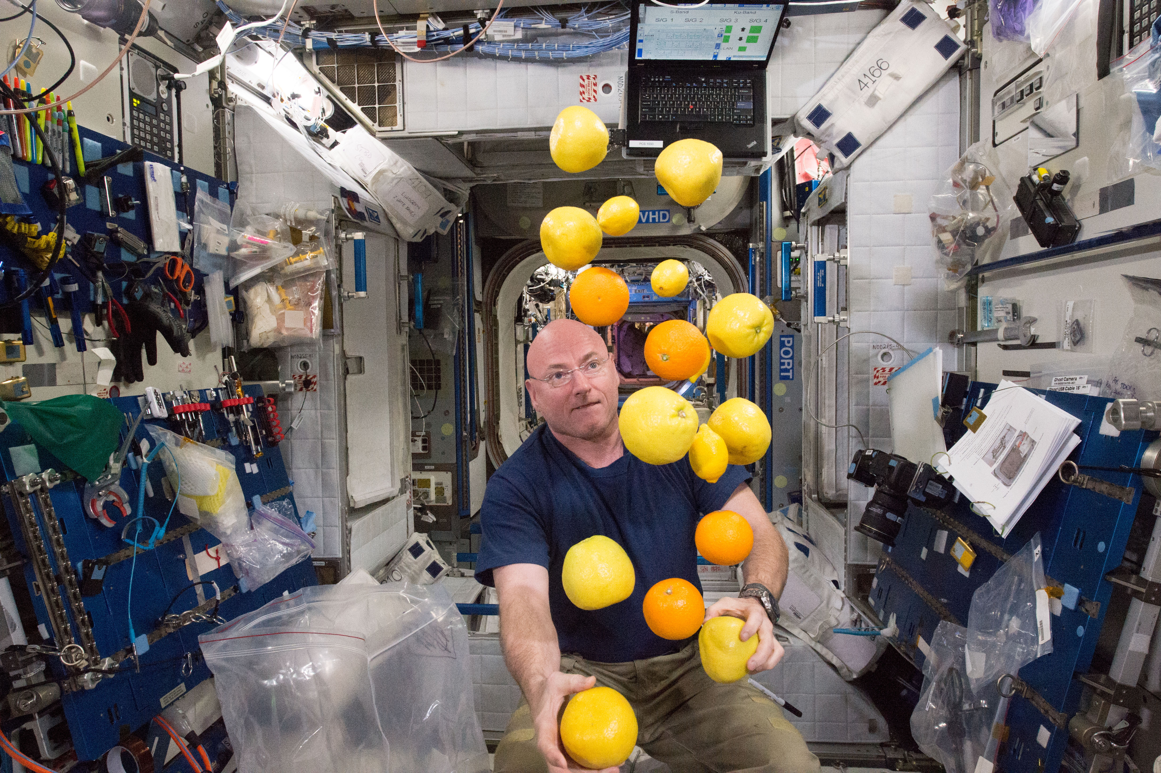 NASA astronaut Scott Kelly corrals the supply of fresh fruit that arrived on HTV-5