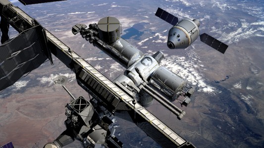 The CEV spacecraft docks to the International Space Station