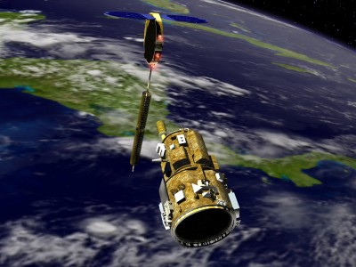 An artistвЂ™s conception of the autonomous Demonstration for Autonomous Rendezvous (DART) spacecraft as it approaches the Multiple Paths, Beyond-Line-of-Site Communications (MUBLCOM) satellite. NASA is testing the DART as a docking system for next generation vehicles to guide spacecraft carrying cargo or equipment to the International Space Station, or retrieving or servicing satellites in orbit. Before the new system can be implemented on piloted spacecraft, it has to be tested in space. The computer-guided DART is equipped with an Advanced Video Guidance Sensor and a Global Positioning System that can receive signals from other spacecraft to allow DART to move within 330 feet of the target. DART is scheduled to launch from Vandenberg Air Force Base in California no earlier than Oct. 18. It will be released from a Pegasus XL launch vehicle carried aloft by an Orbital Sciences Corporation aircraft. The fourth stage of the Pegasus rocket will remain attached as an integral part of the spacecraft, allowing it to maneuver in space. Once in orbit, DART will race toward the target, the MUBLCOM satellite, for a rendezvous.